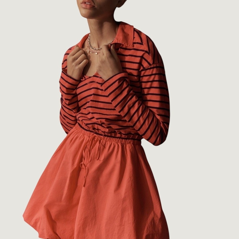 Sundry LS Polo Bubble Dress Size S Striped Mini Drawstring Waist Pink Navy New